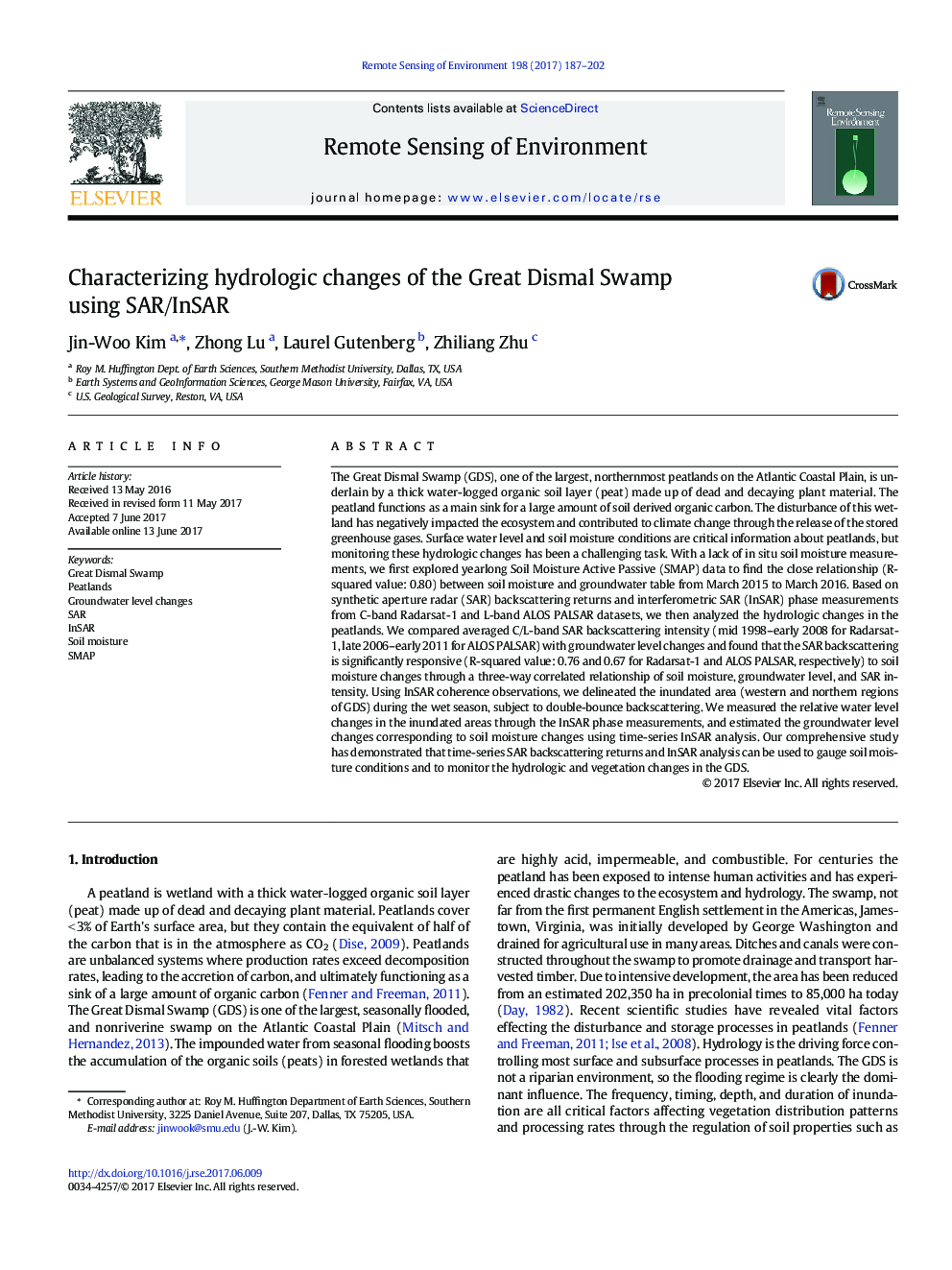 Characterizing hydrologic changes of the Great Dismal Swamp using SAR/InSAR