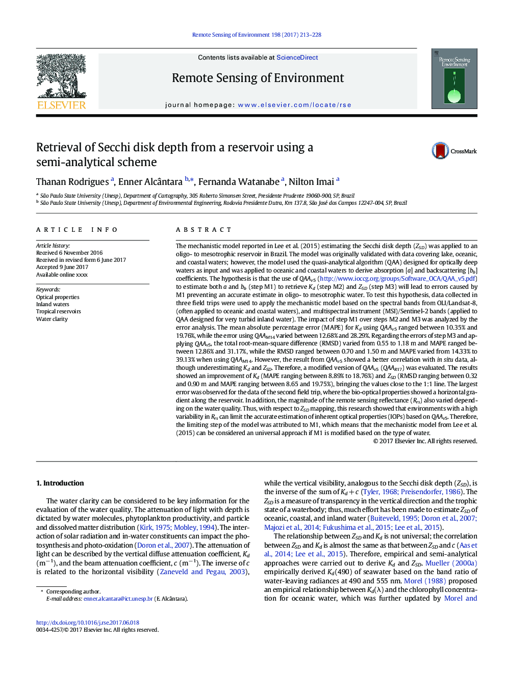 Retrieval of Secchi disk depth from a reservoir using a semi-analytical scheme