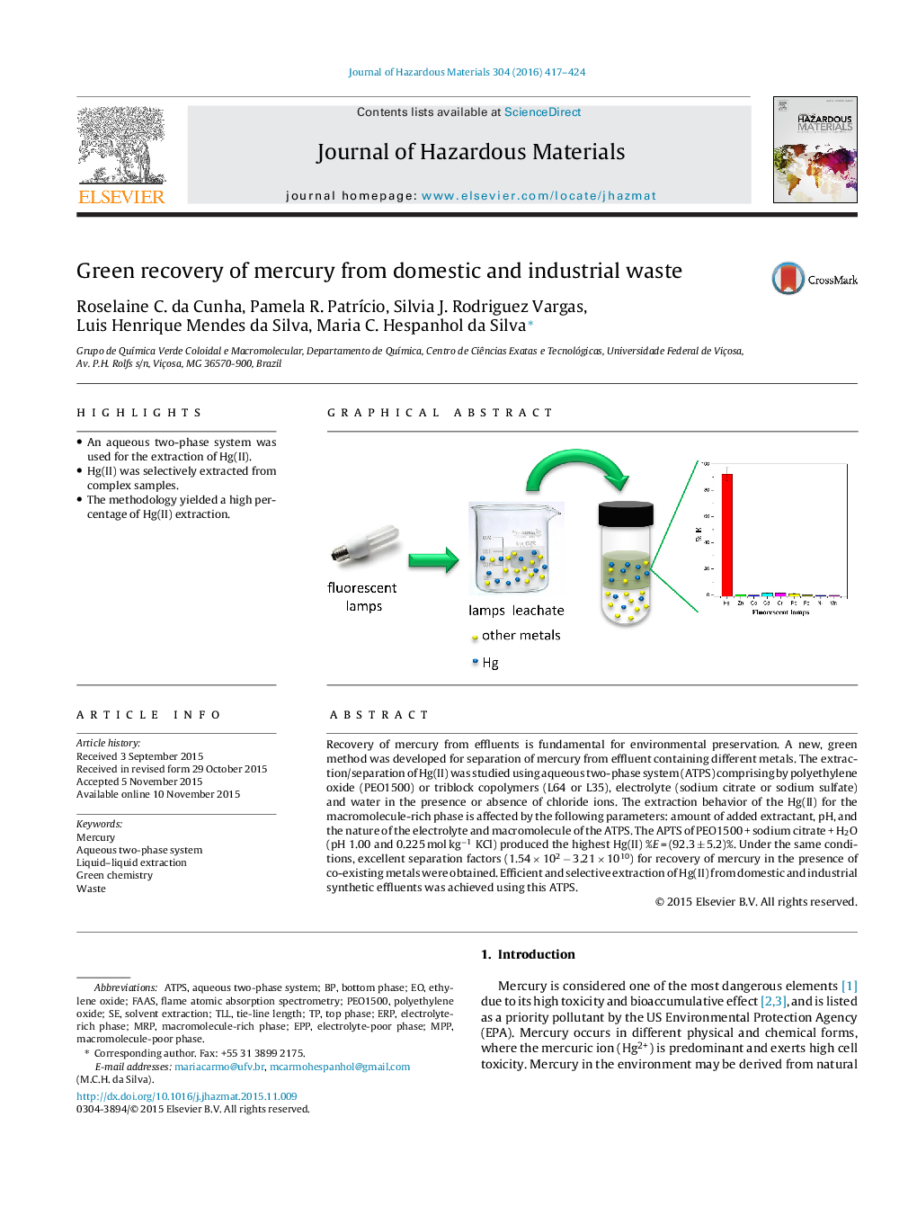 Green recovery of mercury from domestic and industrial waste