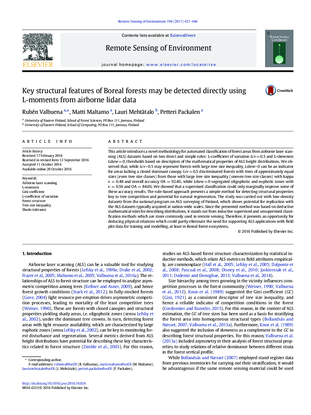 Key structural features of Boreal forests may be detected directly using L-moments from airborne lidar data