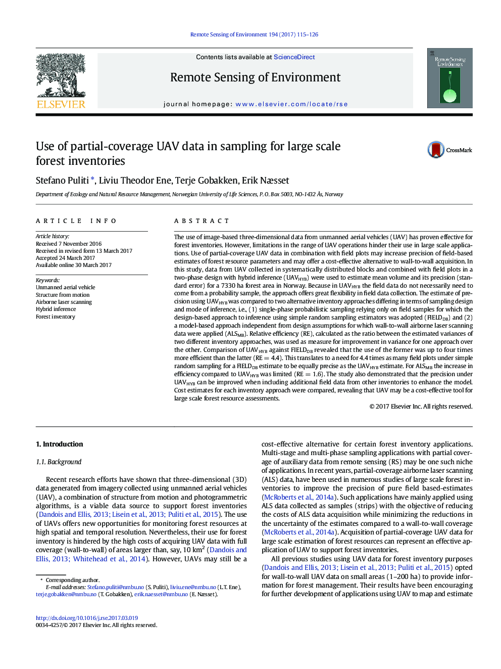 Use of partial-coverage UAV data in sampling for large scale forest inventories