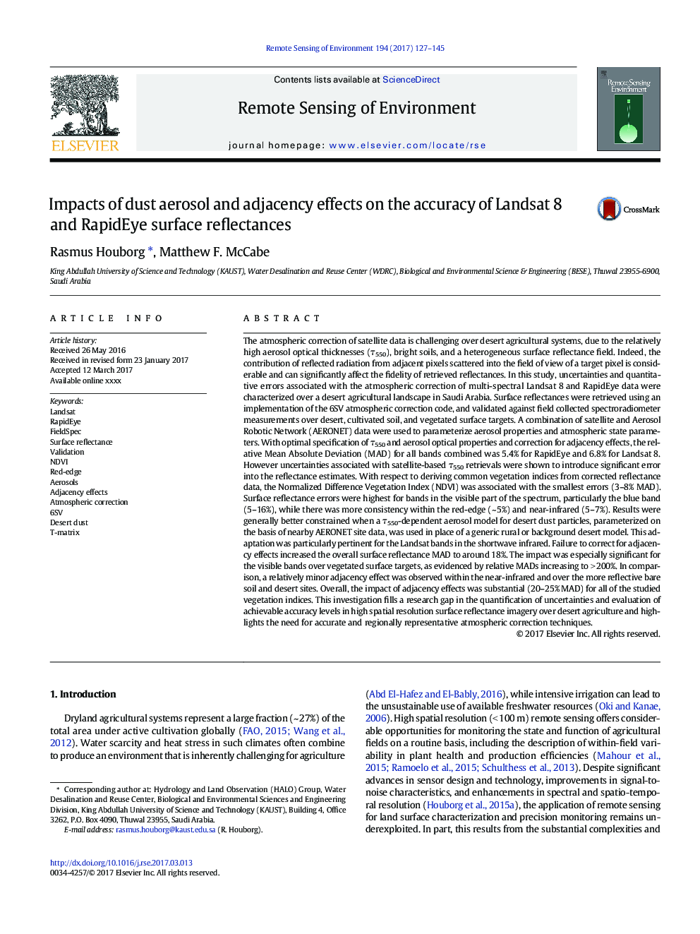 عکس صفحه اول مقاله: Impacts of dust aerosol and adjacency effects on the accuracy of Landsat 8 and RapidEye surface reflectances Impacts of dust aerosol and adjacency effects on the accuracy of Landsat 8 and RapidEye surface reflectances