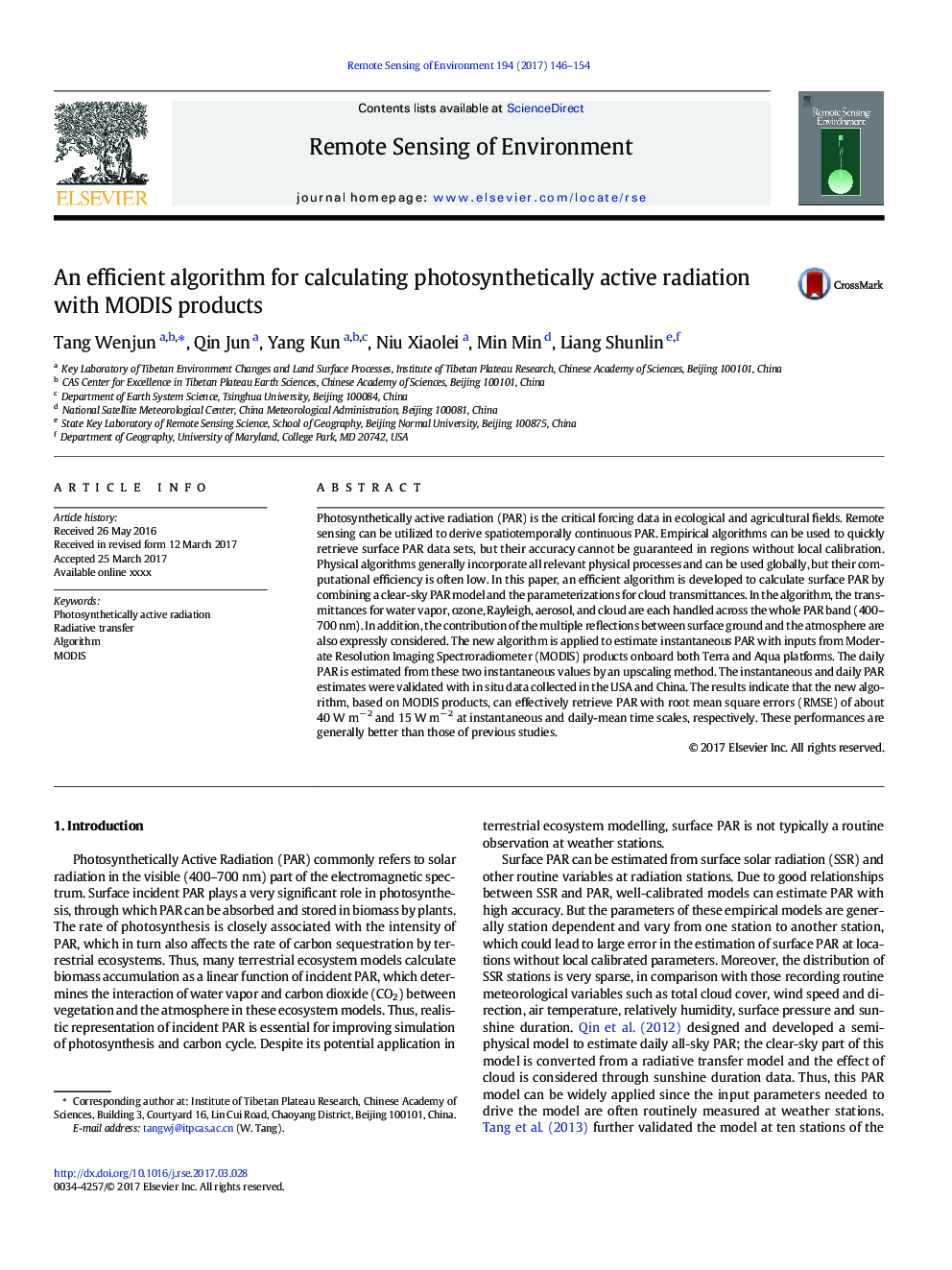 An efficient algorithm for calculating photosynthetically active radiation with MODIS products