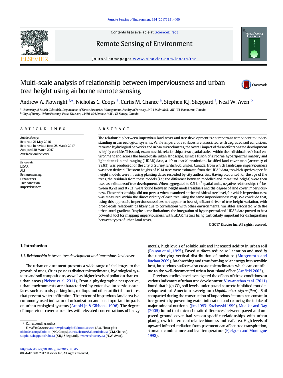 Multi-scale analysis of relationship between imperviousness and urban tree height using airborne remote sensing