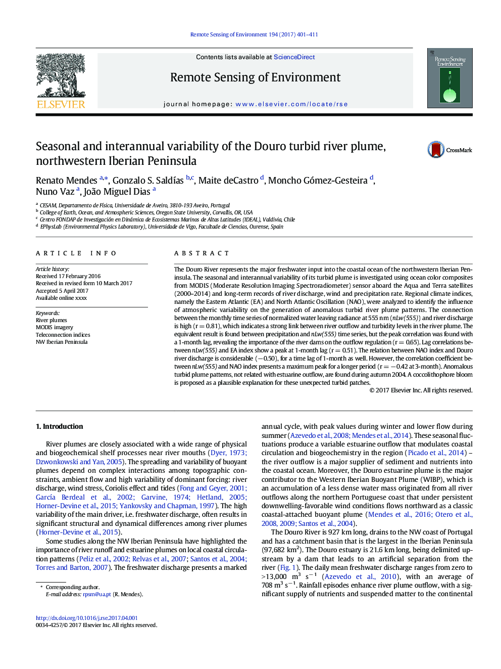 Seasonal and interannual variability of the Douro turbid river plume, northwestern Iberian Peninsula