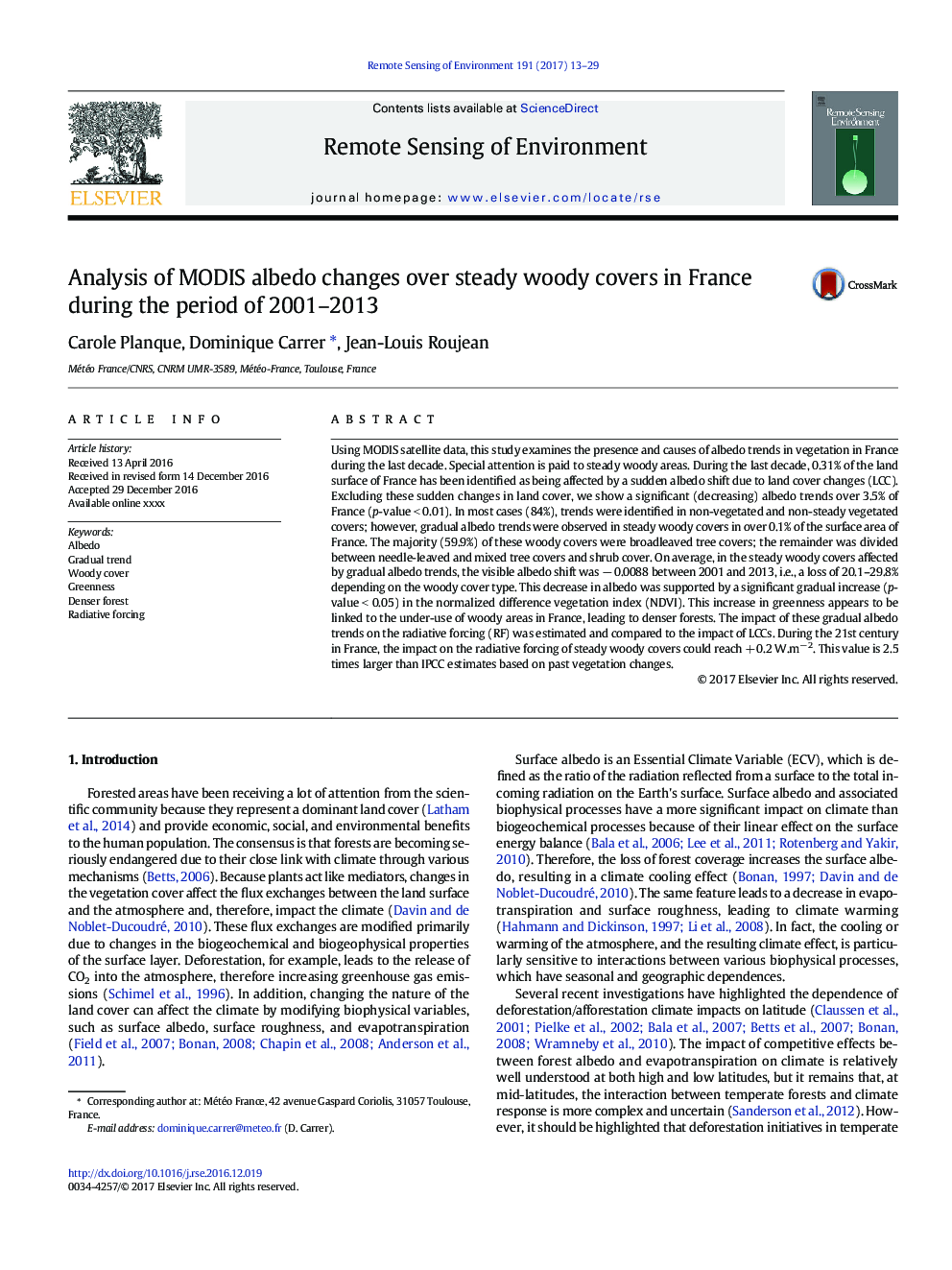 Analysis of MODIS albedo changes over steady woody covers in France during the period of 2001-2013