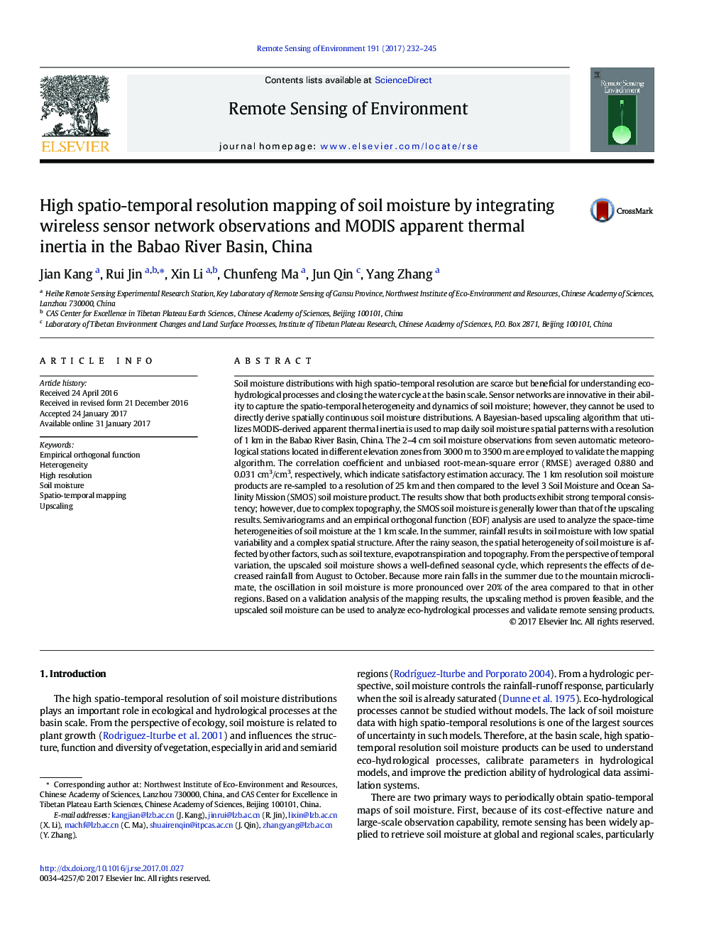 High spatio-temporal resolution mapping of soil moisture by integrating wireless sensor network observations and MODIS apparent thermal inertia in the Babao River Basin, China