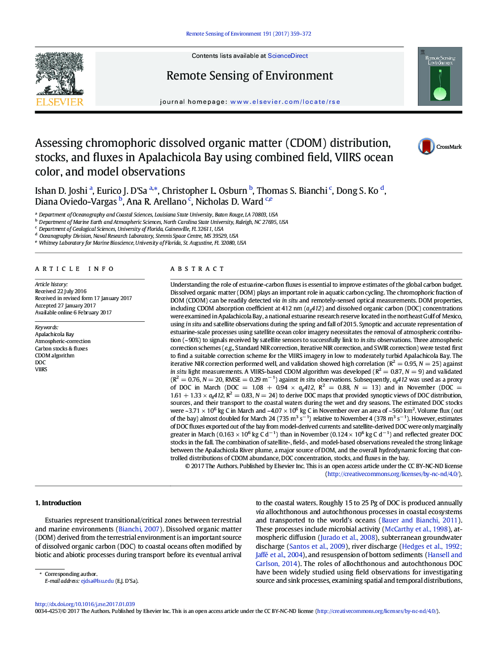 Assessing chromophoric dissolved organic matter (CDOM) distribution, stocks, and fluxes in Apalachicola Bay using combined field, VIIRS ocean color, and model observations