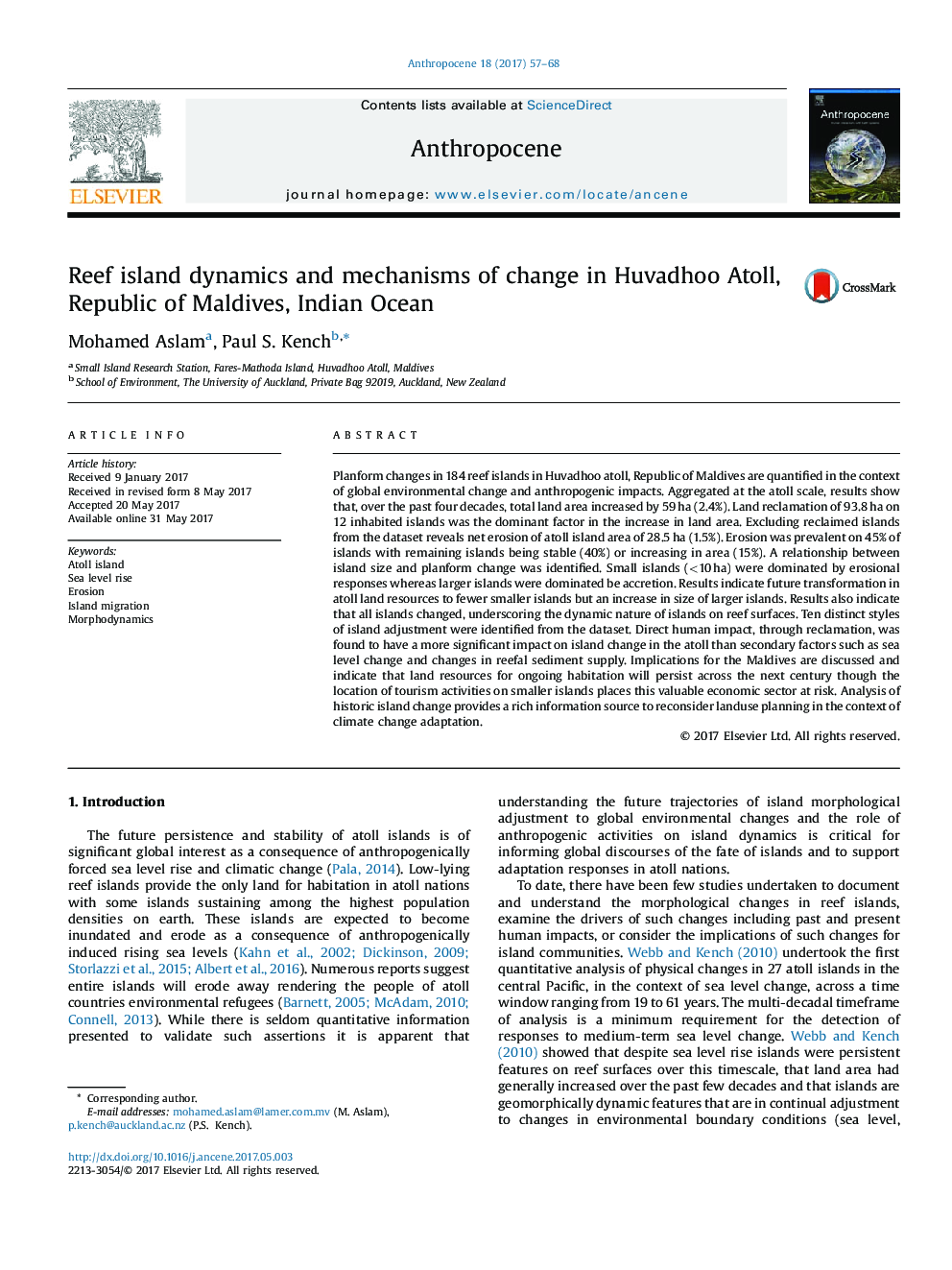 Reef island dynamics and mechanisms of change in Huvadhoo Atoll, Republic of Maldives, Indian Ocean