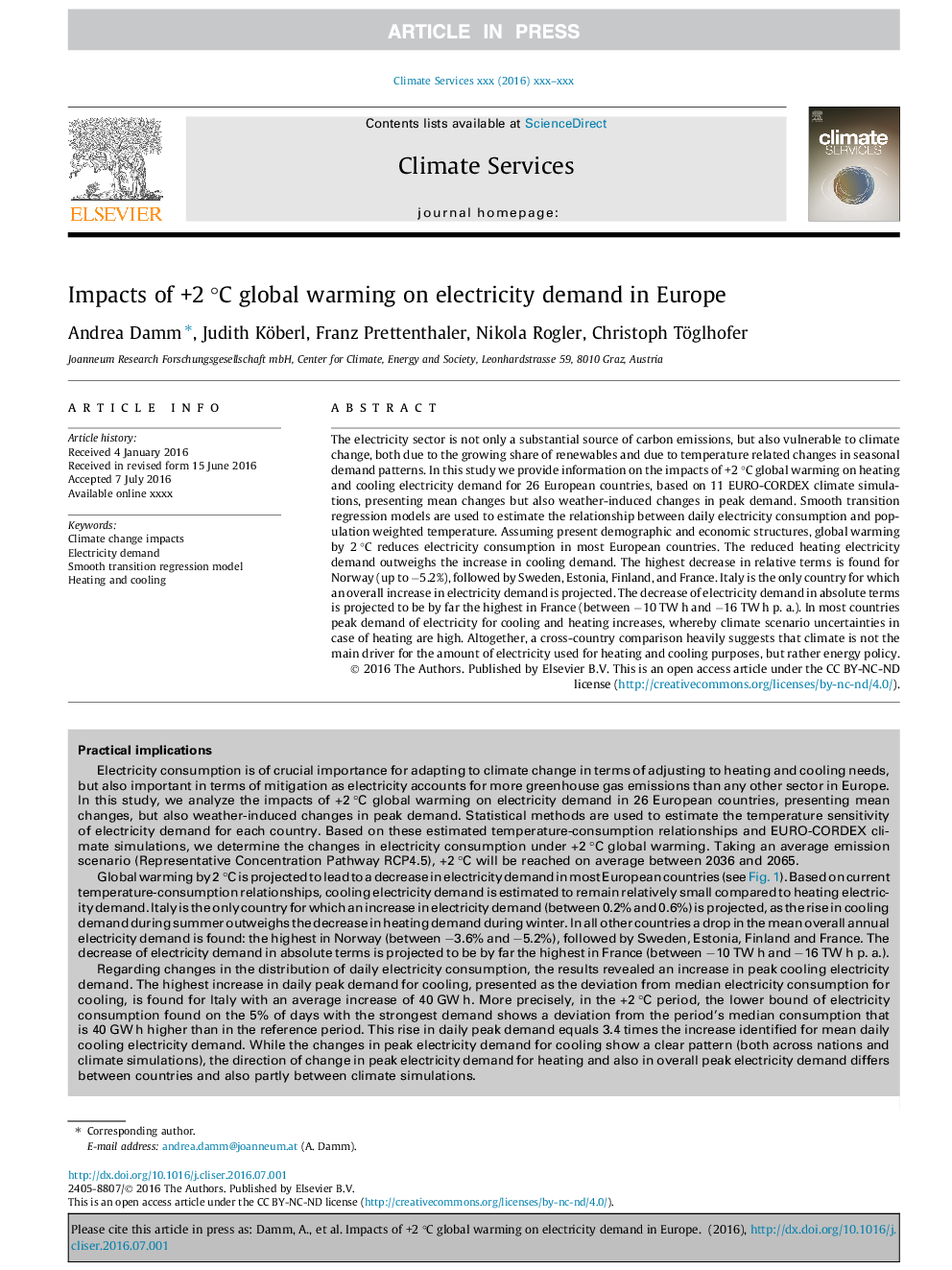 Impacts of +2Â Â°C global warming on electricity demand in Europe