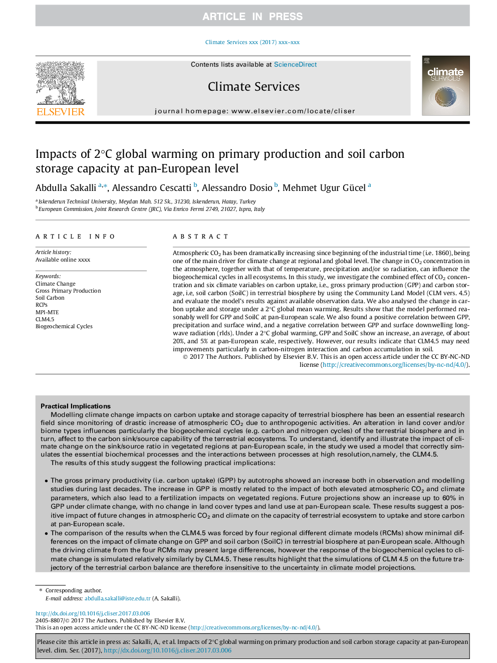 Impacts of 2Â°C global warming on primary production and soil carbon storage capacity at pan-European level