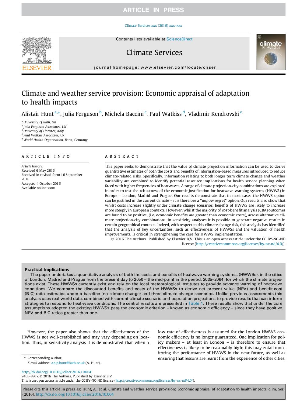 Climate and weather service provision: Economic appraisal of adaptation to health impacts