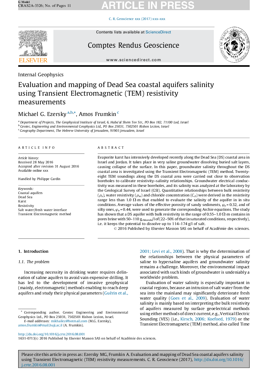 Evaluation and mapping of Dead Sea coastal aquifers salinity using Transient Electromagnetic (TEM) resistivity measurements