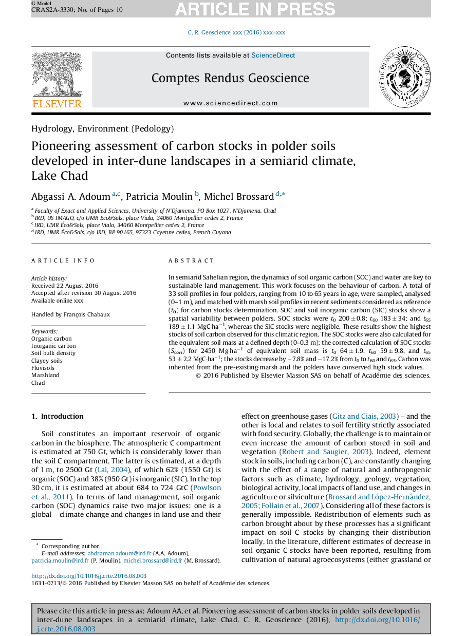 Pioneering assessment of carbon stocks in polder soils developed in inter-dune landscapes in a semiarid climate, Lake Chad