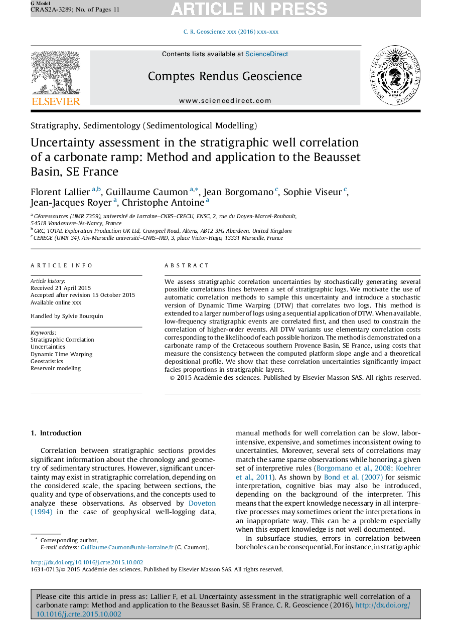 Uncertainty assessment in the stratigraphic well correlation of a carbonate ramp: Method and application to the Beausset Basin, SE France