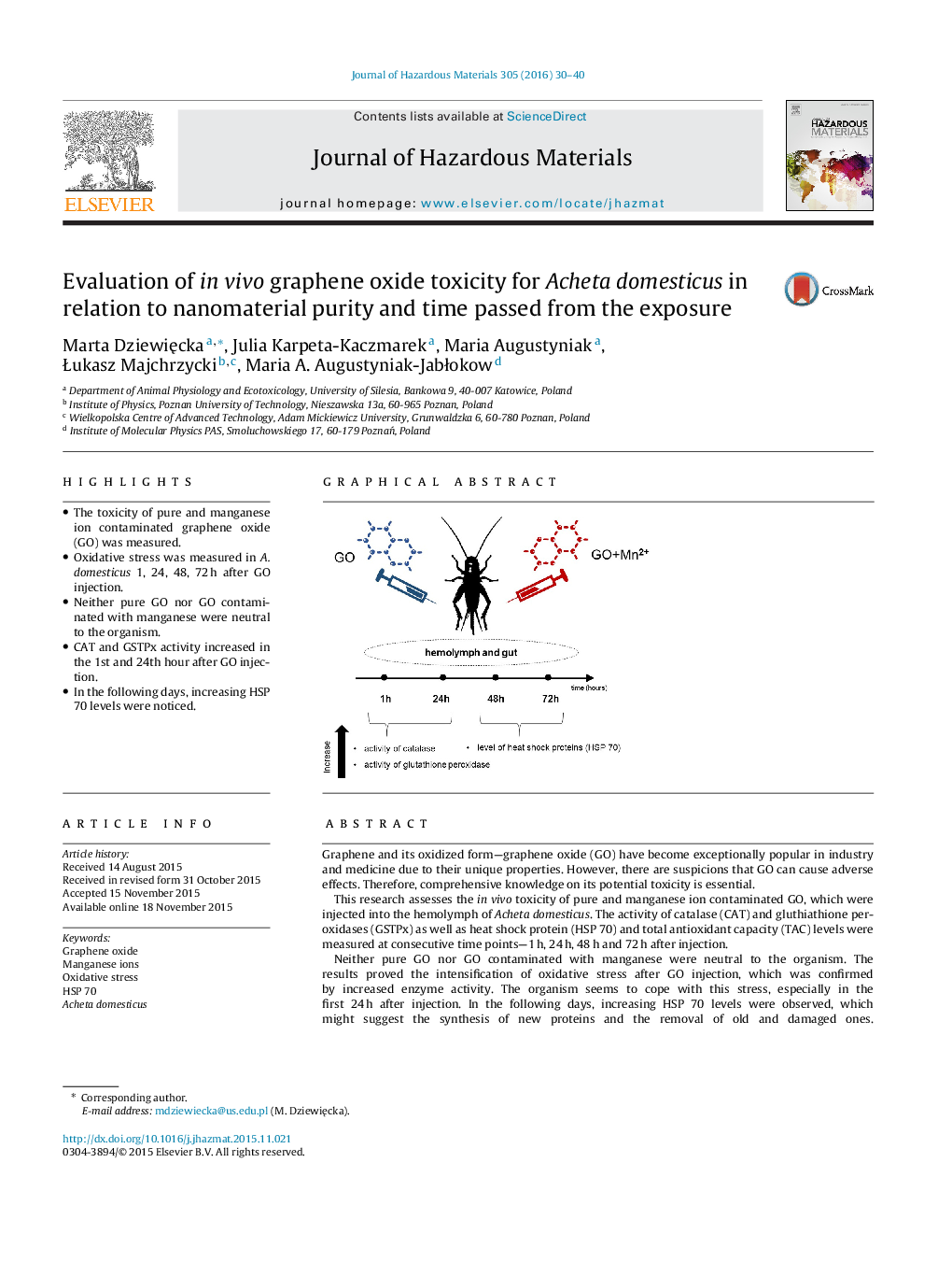 Evaluation of in vivo graphene oxide toxicity for Acheta domesticus in relation to nanomaterial purity and time passed from the exposure