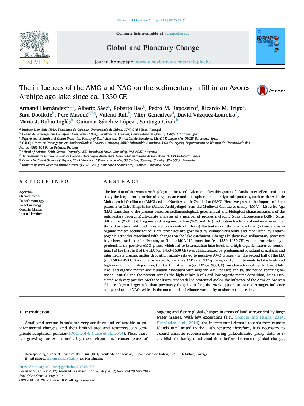 The influences of the AMO and NAO on the sedimentary infill in an Azores Archipelago lake since ca. 1350Â CE