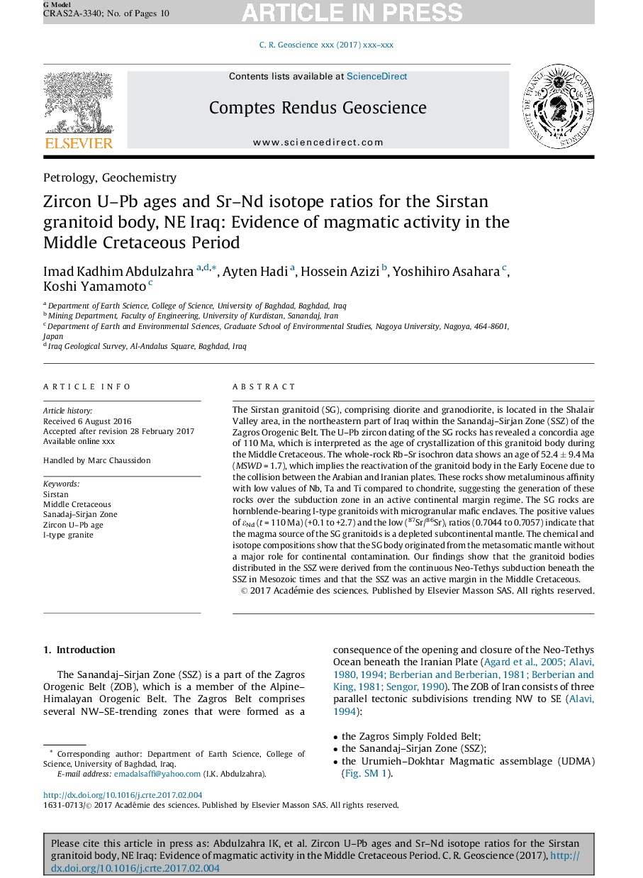 Zircon U-Pb ages and Sr-Nd isotope ratios for the Sirstan granitoid body, NE Iraq: Evidence of magmatic activity in the Middle Cretaceous Period