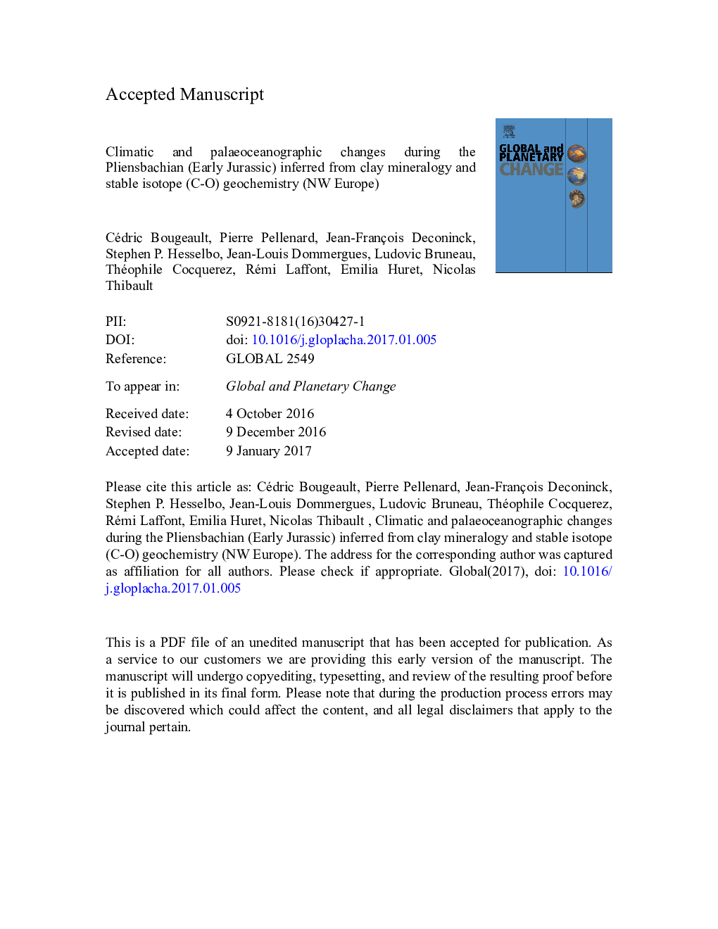 Climatic and palaeoceanographic changes during the Pliensbachian (Early Jurassic) inferred from clay mineralogy and stable isotope (C-O) geochemistry (NW Europe)