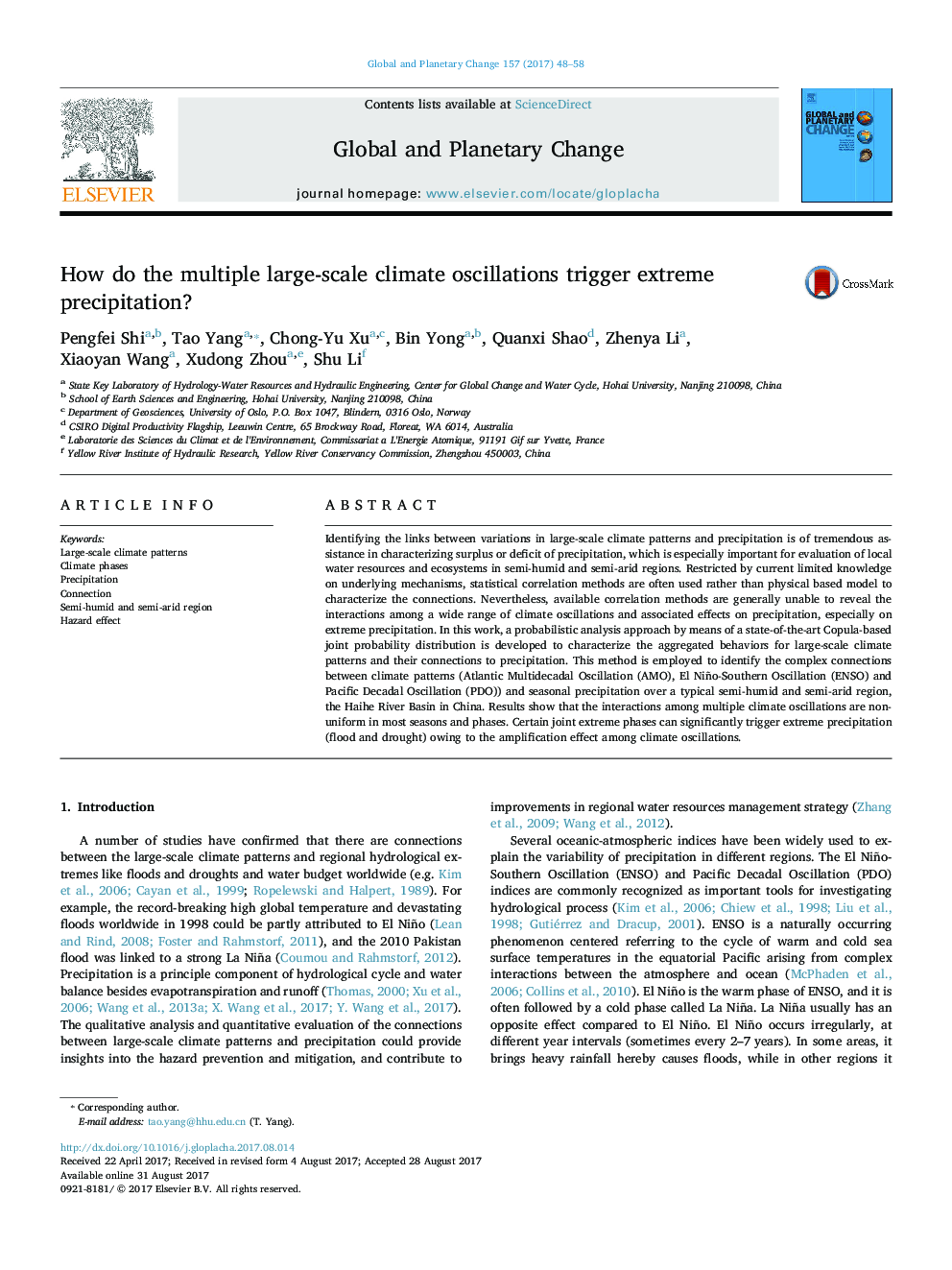 How do the multiple large-scale climate oscillations trigger extreme precipitation?