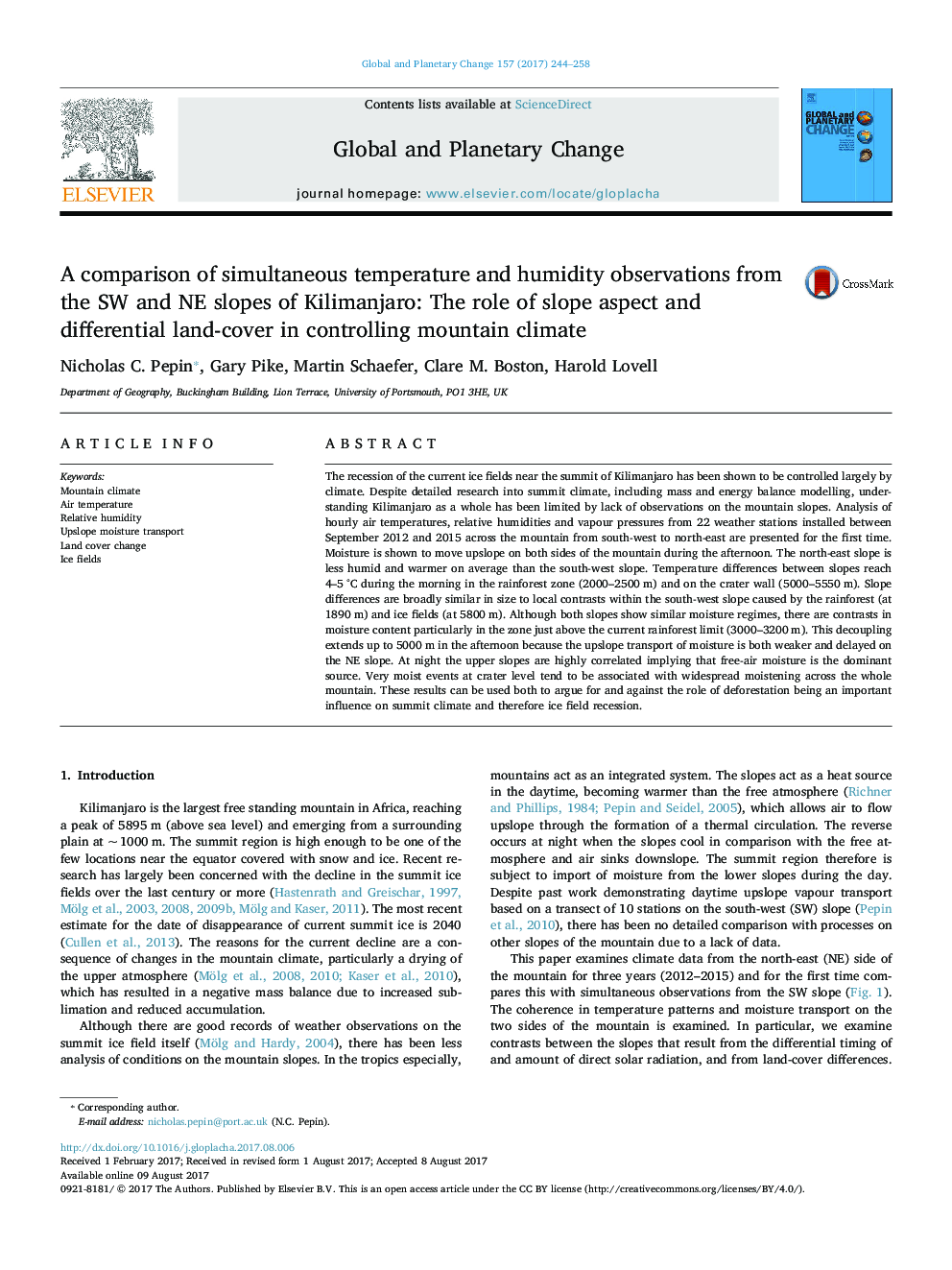 A comparison of simultaneous temperature and humidity observations from the SW and NE slopes of Kilimanjaro: The role of slope aspect and differential land-cover in controlling mountain climate