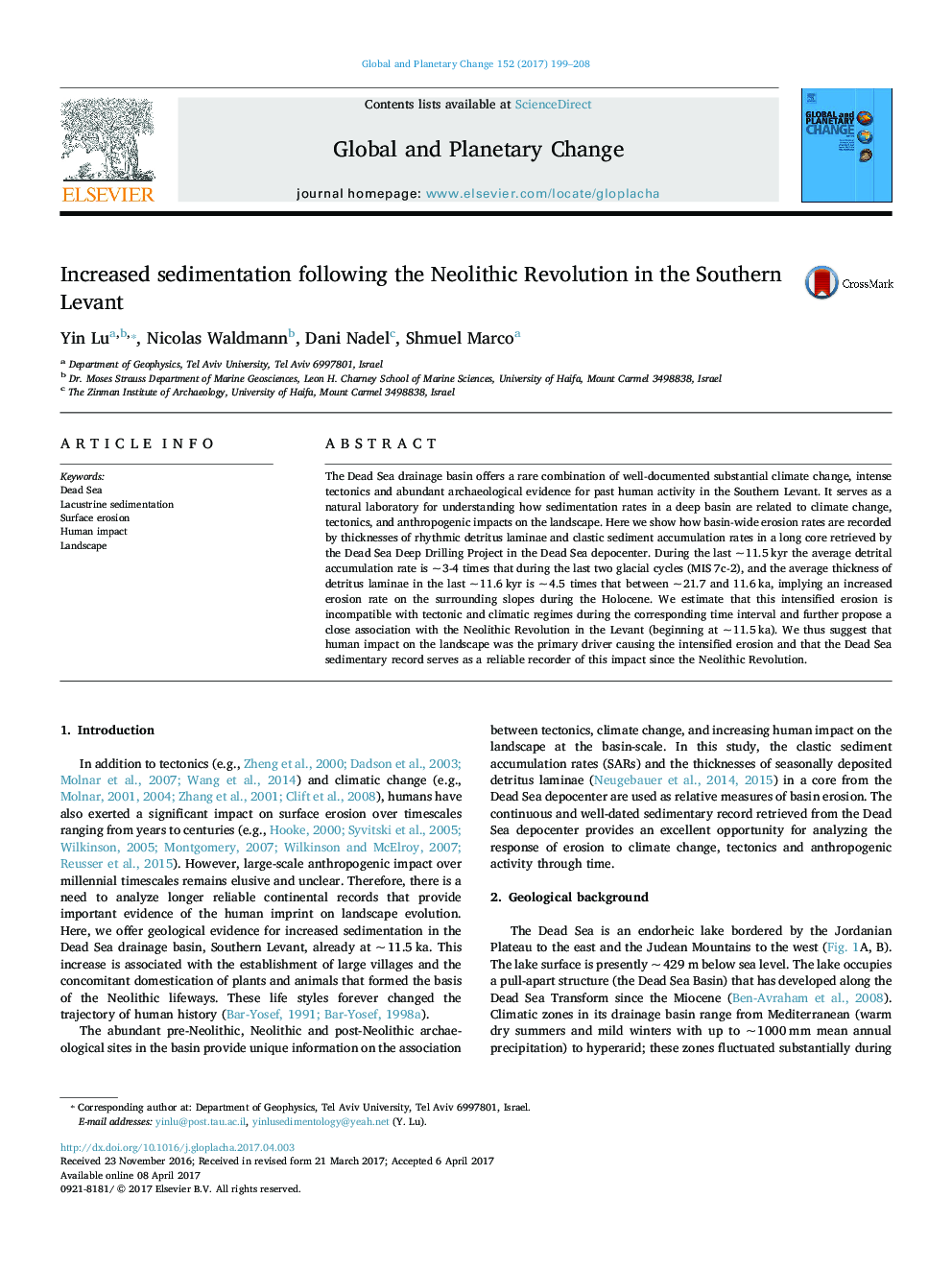 Increased sedimentation following the Neolithic Revolution in the Southern Levant