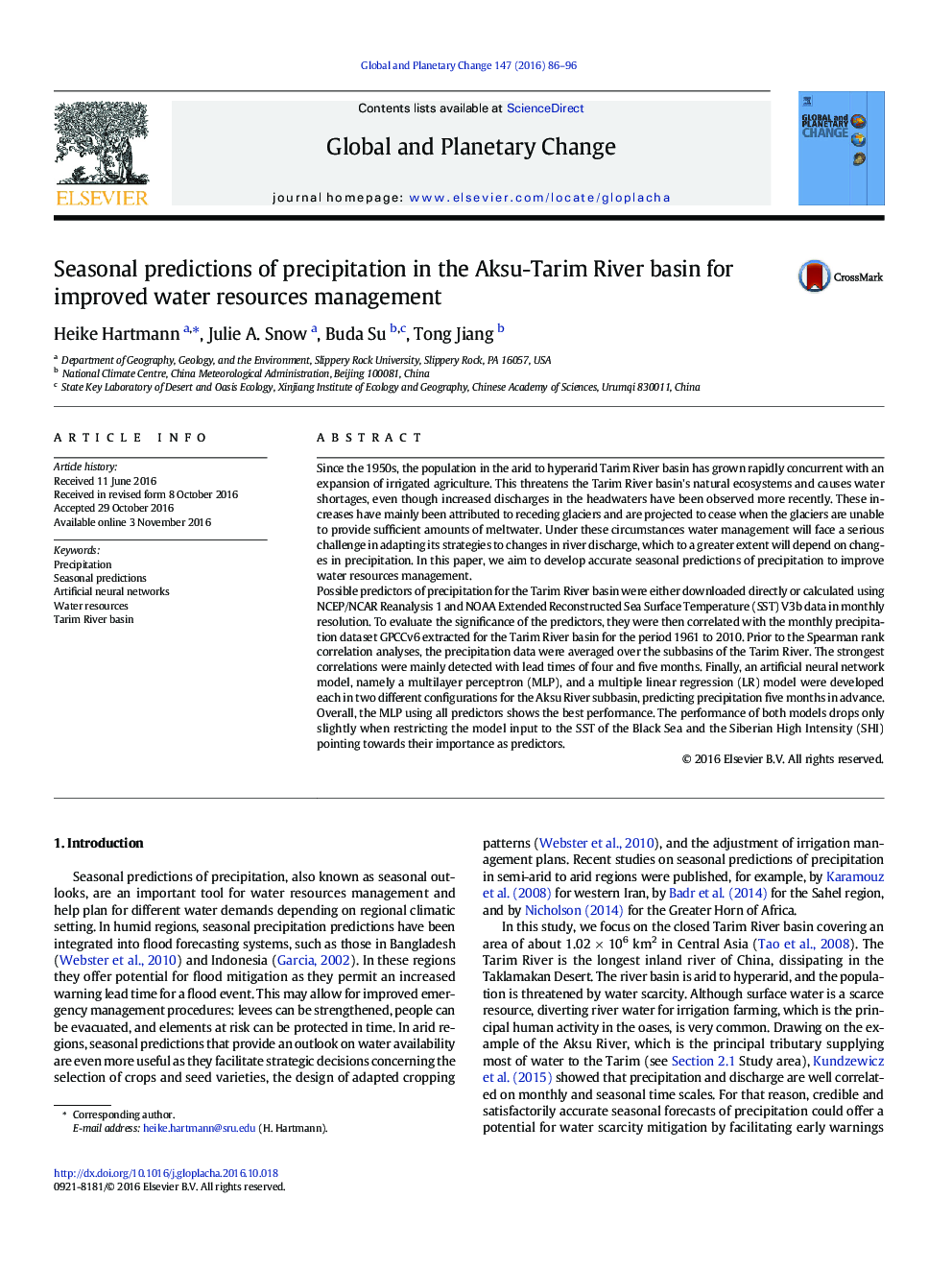 Seasonal predictions of precipitation in the Aksu-Tarim River basin for improved water resources management