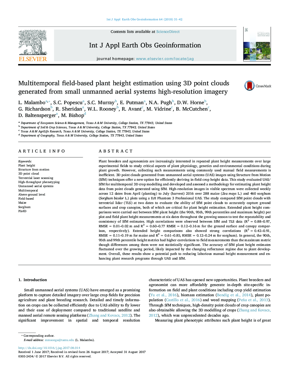 Multitemporal field-based plant height estimation using 3D point clouds generated from small unmanned aerial systems high-resolution imagery
