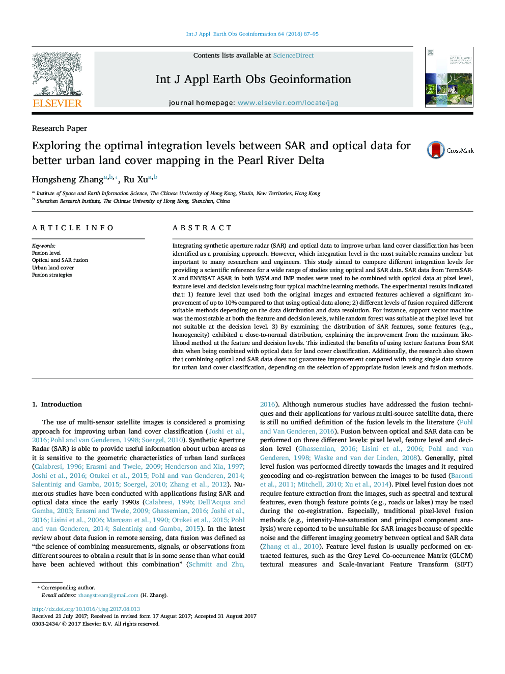 Exploring the optimal integration levels between SAR and optical data for better urban land cover mapping in the Pearl River Delta