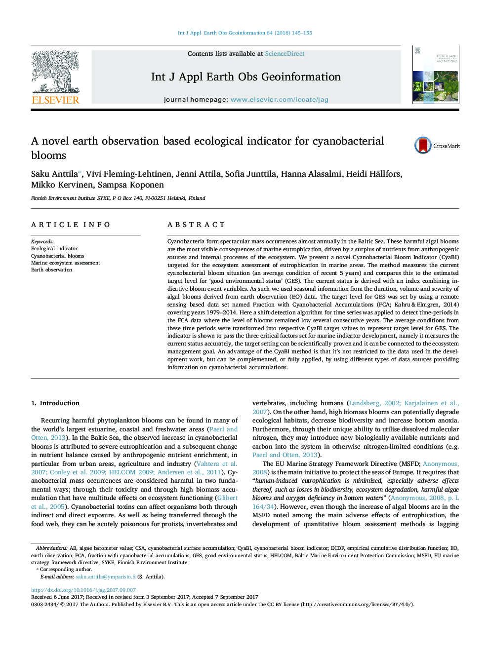 A novel earth observation based ecological indicator for cyanobacterial blooms