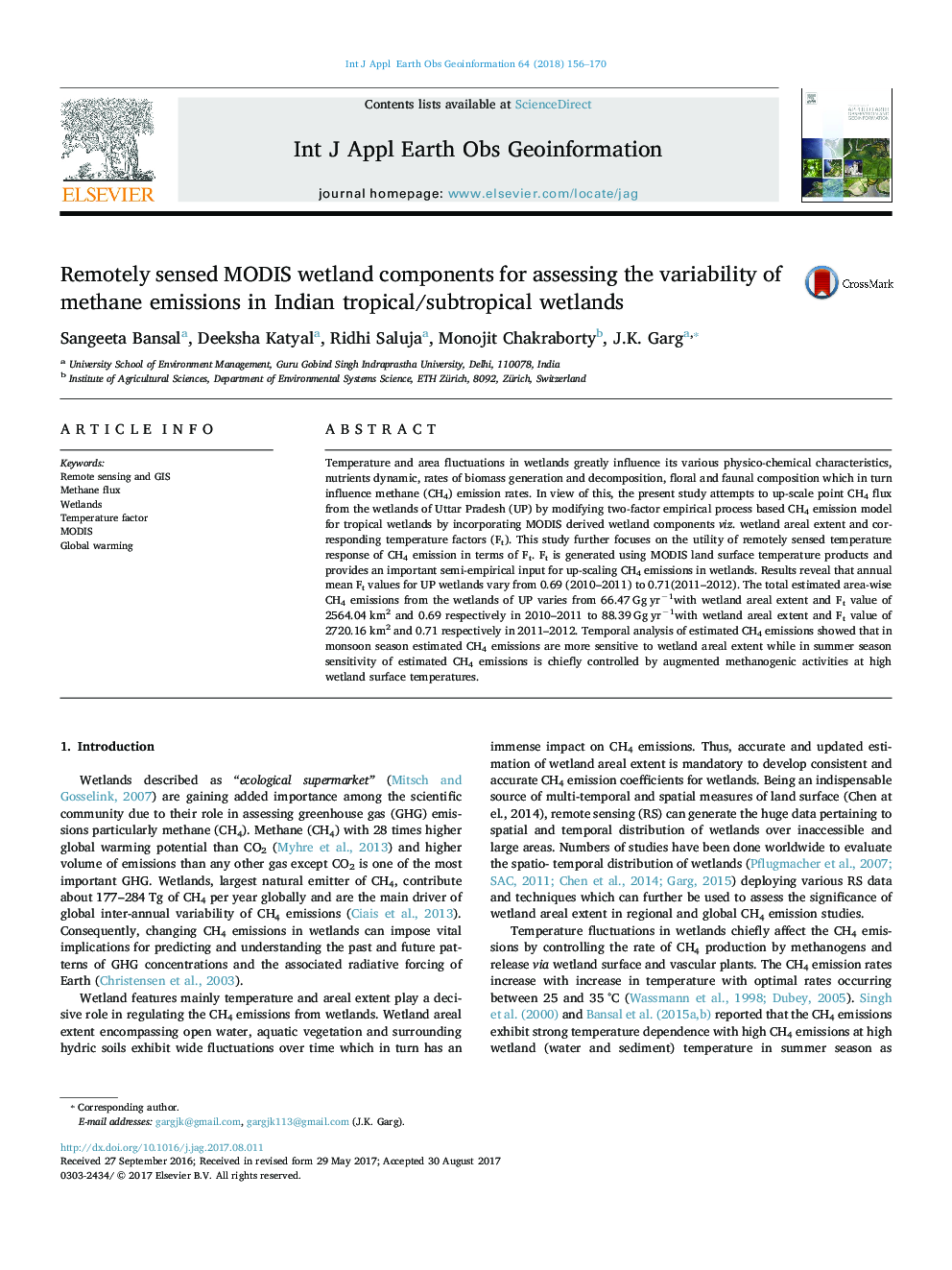 Remotely sensed MODIS wetland components for assessing the variability of methane emissions in Indian tropical/subtropical wetlands