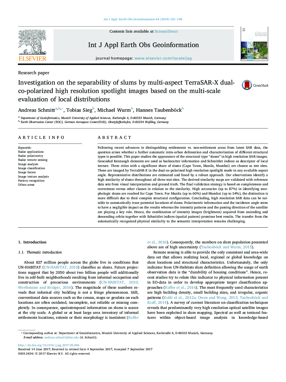 Investigation on the separability of slums by multi-aspect TerraSAR-X dual-co-polarized high resolution spotlight images based on the multi-scale evaluation of local distributions