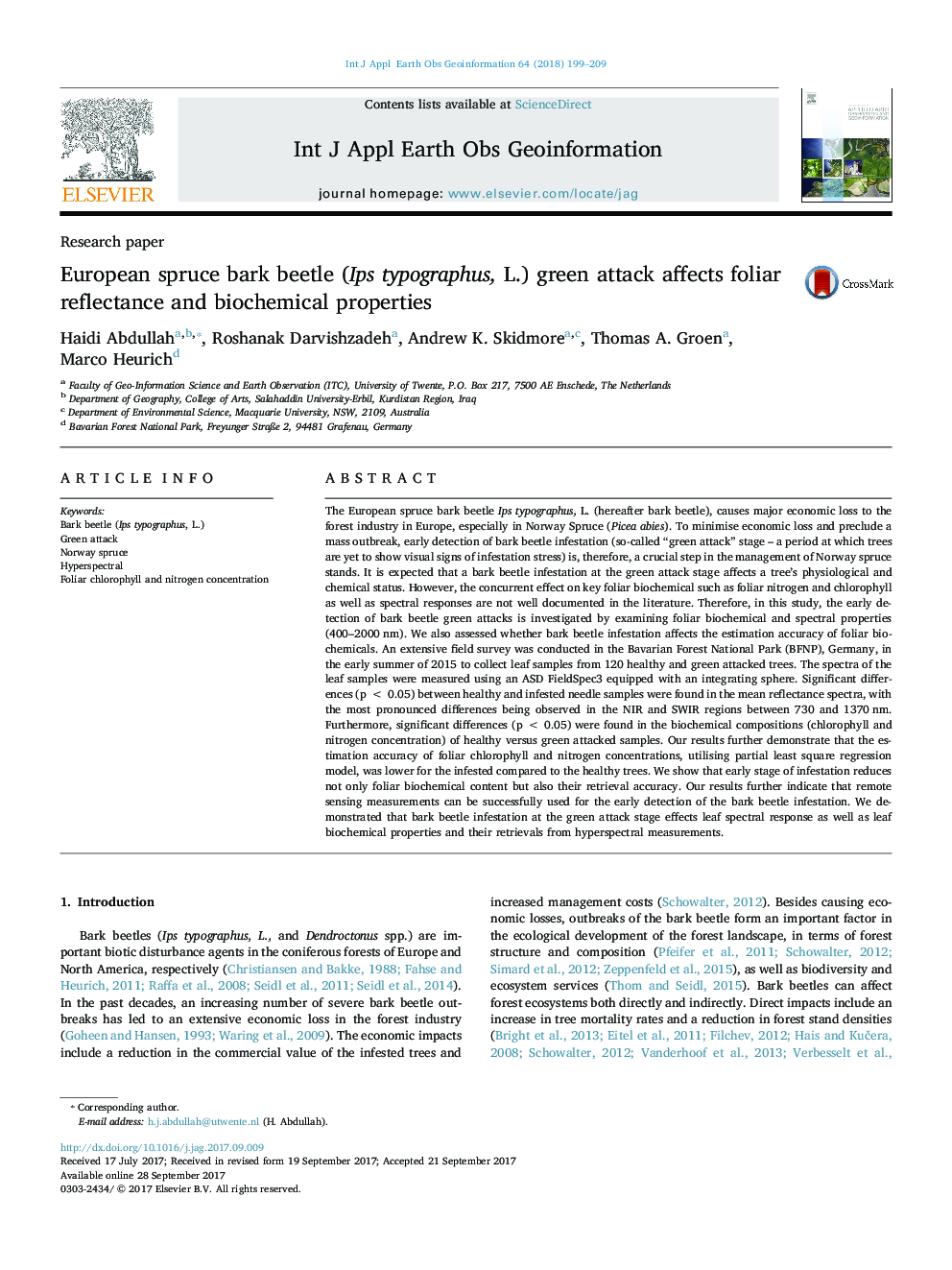 European spruce bark beetle (Ips typographus, L.) green attack affects foliar reflectance and biochemical properties