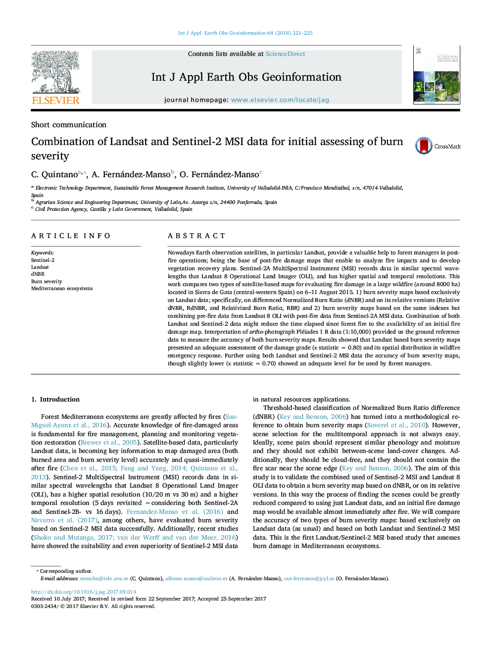 Combination of Landsat and Sentinel-2 MSI data for initial assessing of burn severity