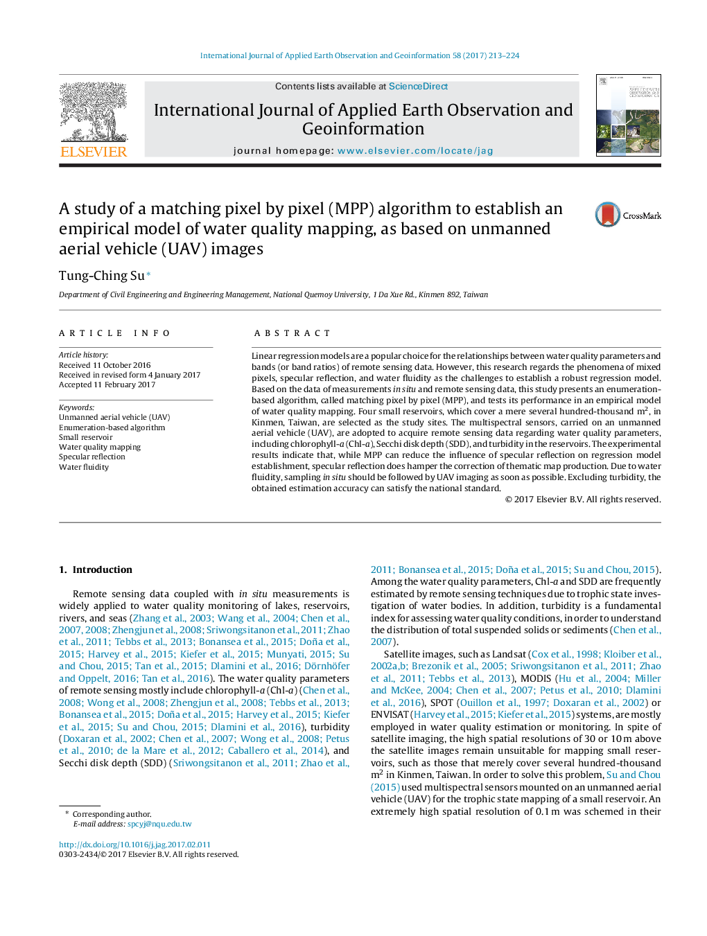 A study of a matching pixel by pixel (MPP) algorithm to establish an empirical model of water quality mapping, as based on unmanned aerial vehicle (UAV) images