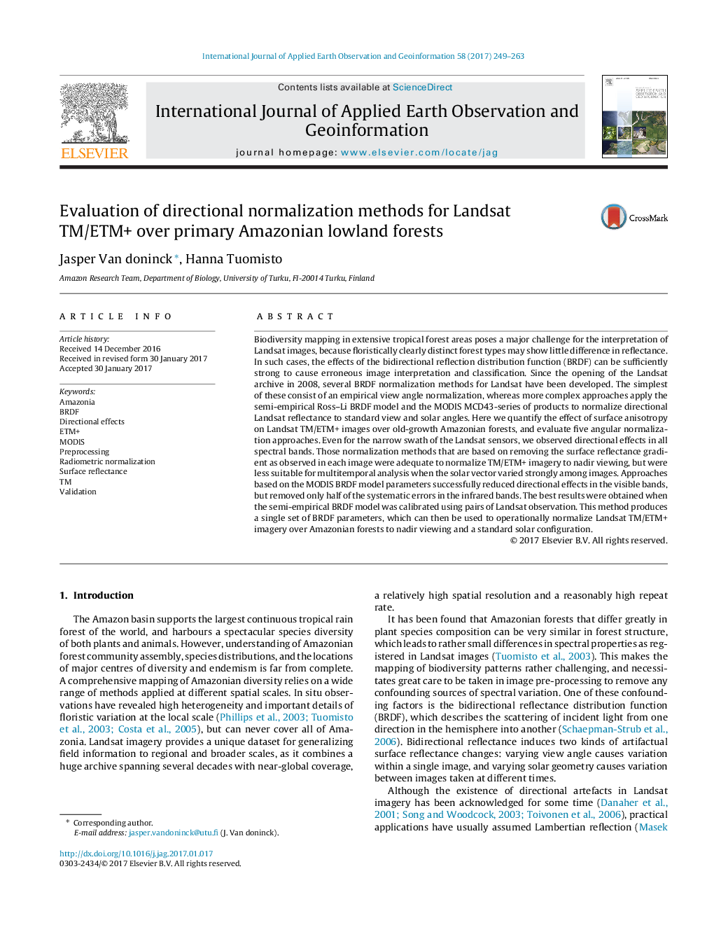 Evaluation of directional normalization methods for Landsat TM/ETM+ over primary Amazonian lowland forests