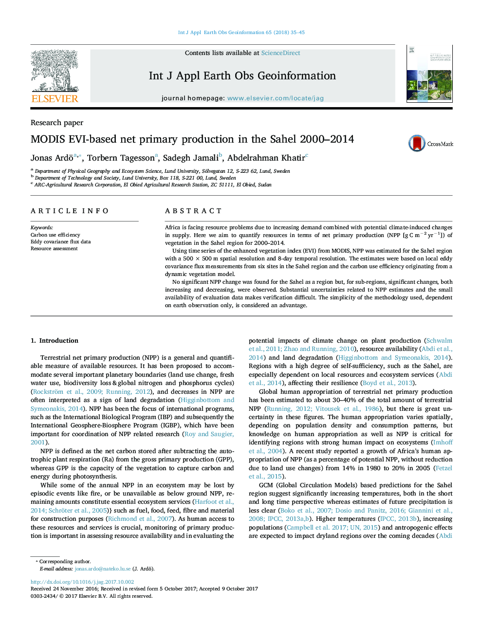 MODIS EVI-based net primary production in the Sahel 2000-2014