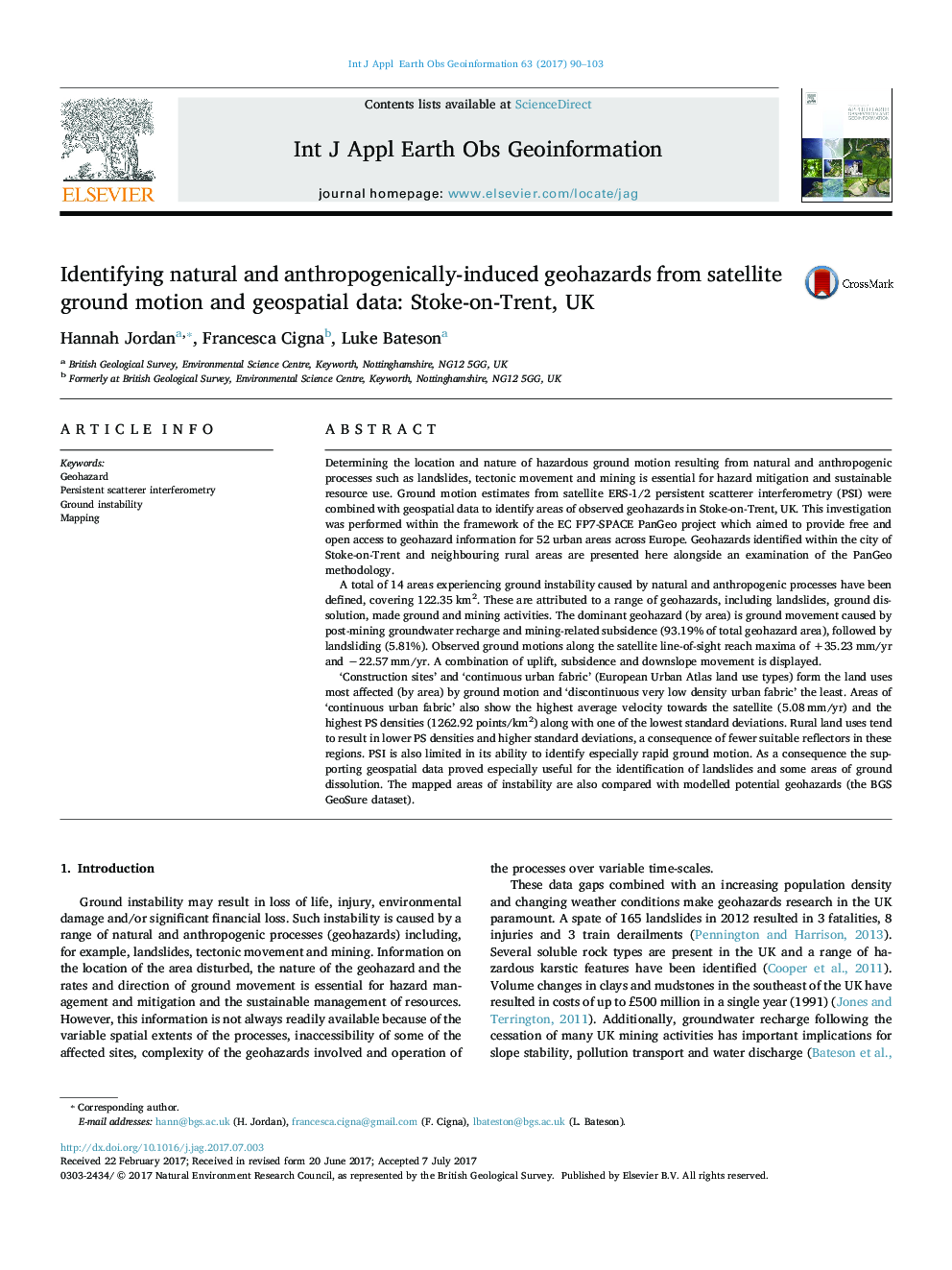 Identifying natural and anthropogenically-induced geohazards from satellite ground motion and geospatial data: Stoke-on-Trent, UK
