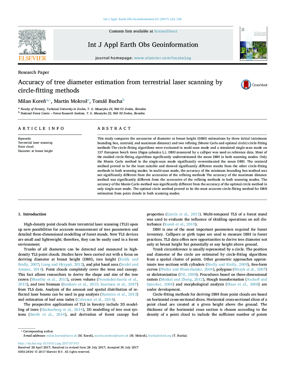 Accuracy of tree diameter estimation from terrestrial laser scanning by circle-fitting methods