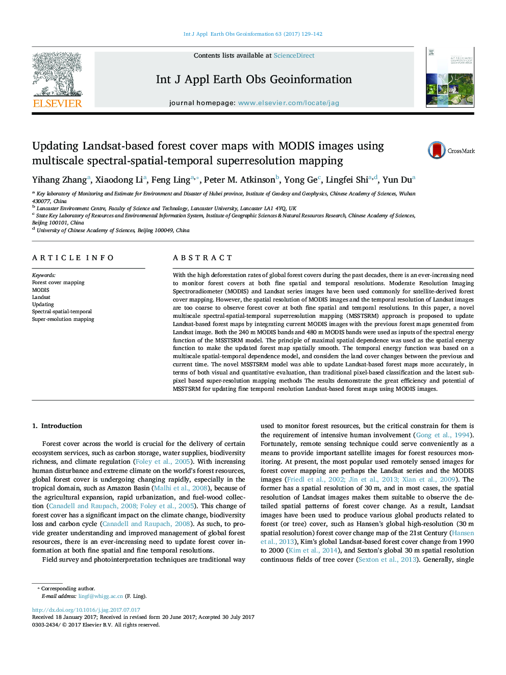 Updating Landsat-based forest cover maps with MODIS images using multiscale spectral-spatial-temporal superresolution mapping