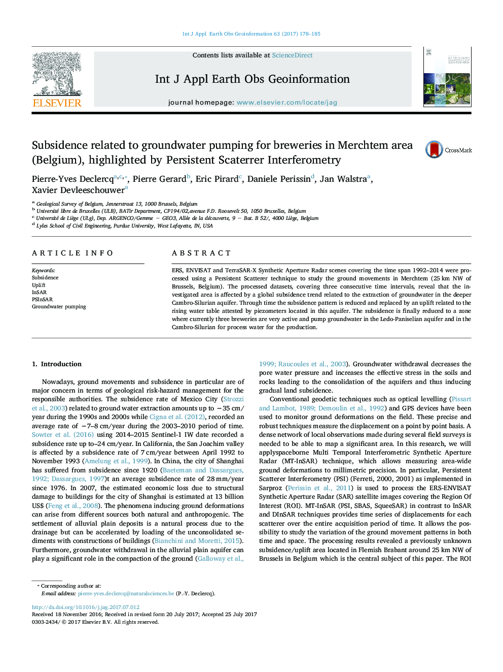 Subsidence related to groundwater pumping for breweries in Merchtem area (Belgium), highlighted by Persistent Scaterrer Interferometry