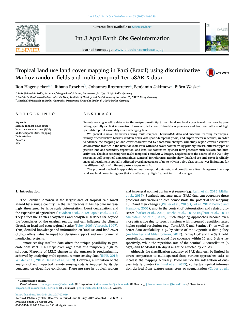 Tropical land use land cover mapping in Pará (Brazil) using discriminative Markov random fields and multi-temporal TerraSAR-X data