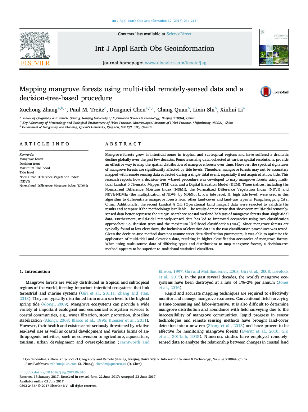 Mapping mangrove forests using multi-tidal remotely-sensed data and a decision-tree-based procedure