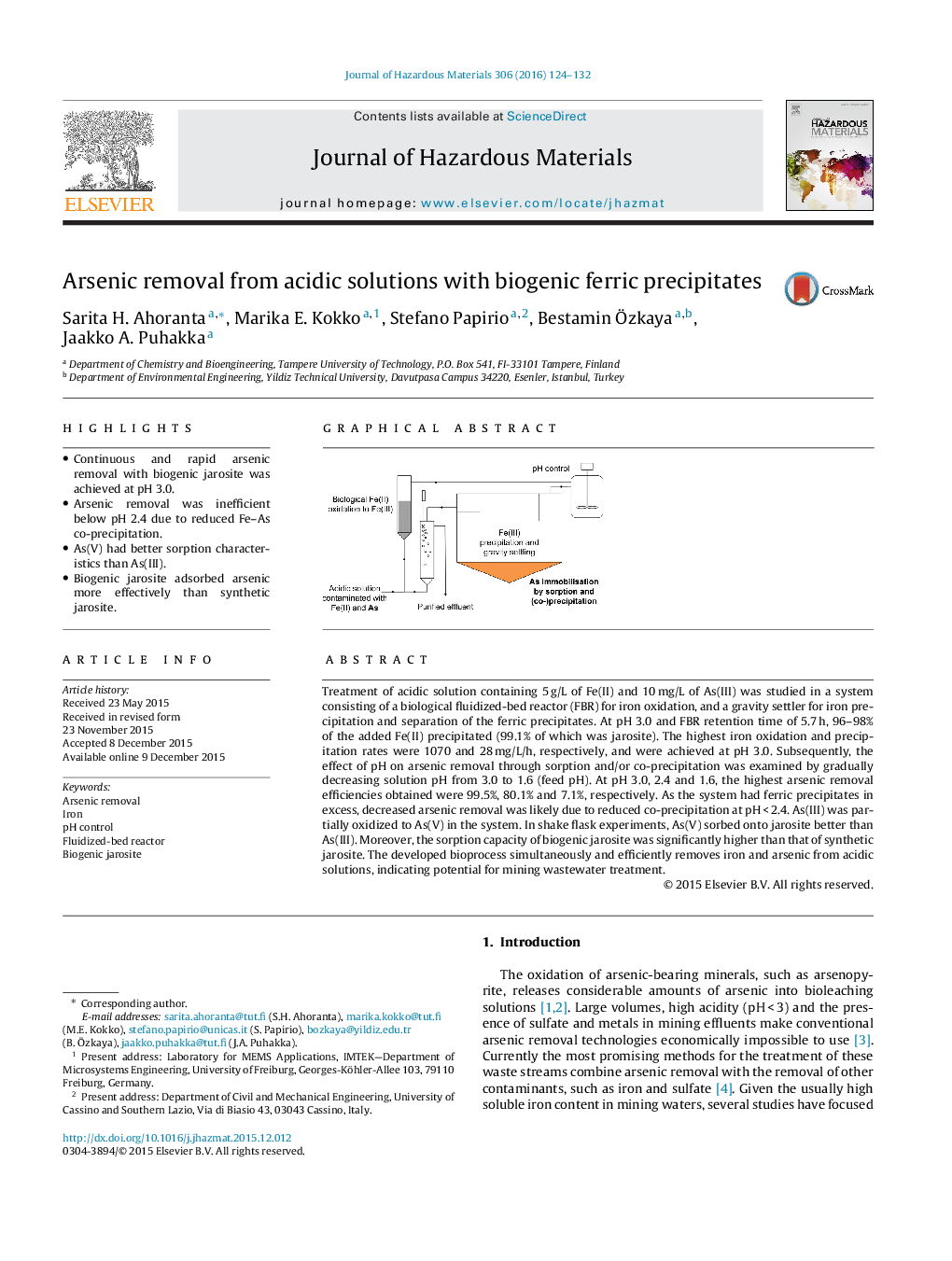 Arsenic removal from acidic solutions with biogenic ferric precipitates