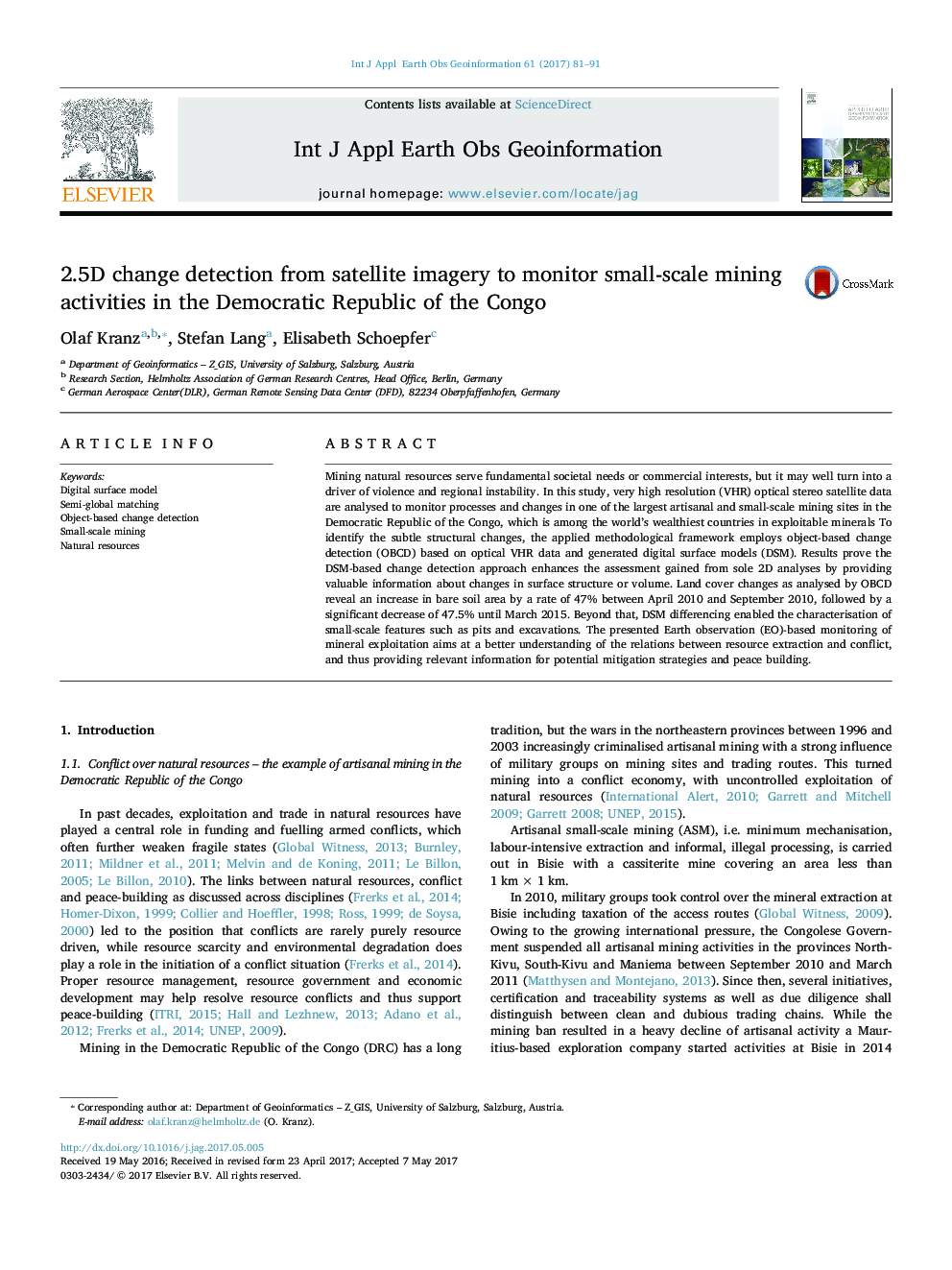 2.5D change detection from satellite imagery to monitor small-scale mining activities in the Democratic Republic of the Congo