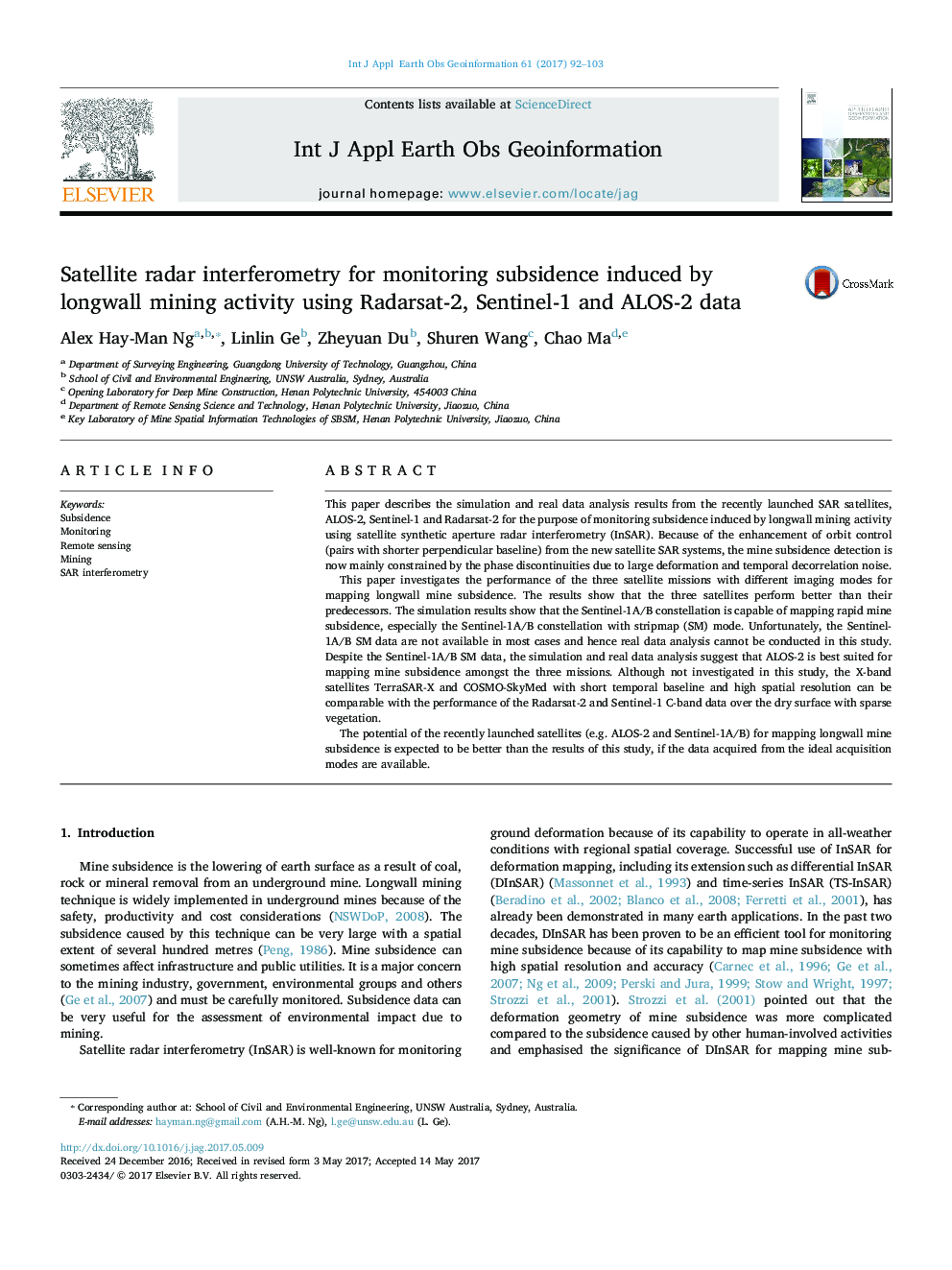 Satellite radar interferometry for monitoring subsidence induced by longwall mining activity using Radarsat-2, Sentinel-1 and ALOS-2 data