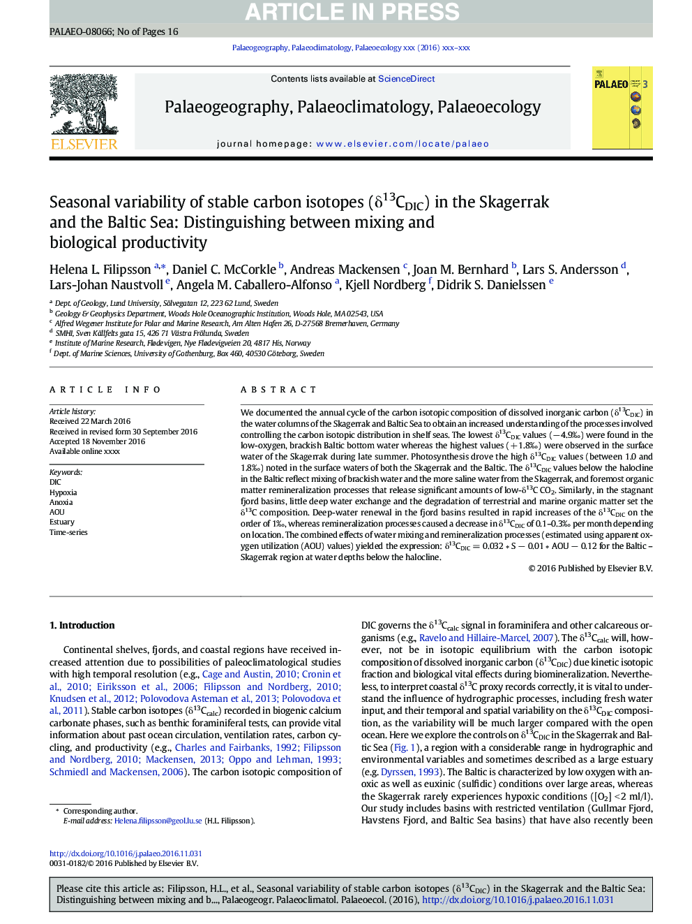 Seasonal variability of stable carbon isotopes (Î´13CDIC) in the Skagerrak and the Baltic Sea: Distinguishing between mixing and biological productivity