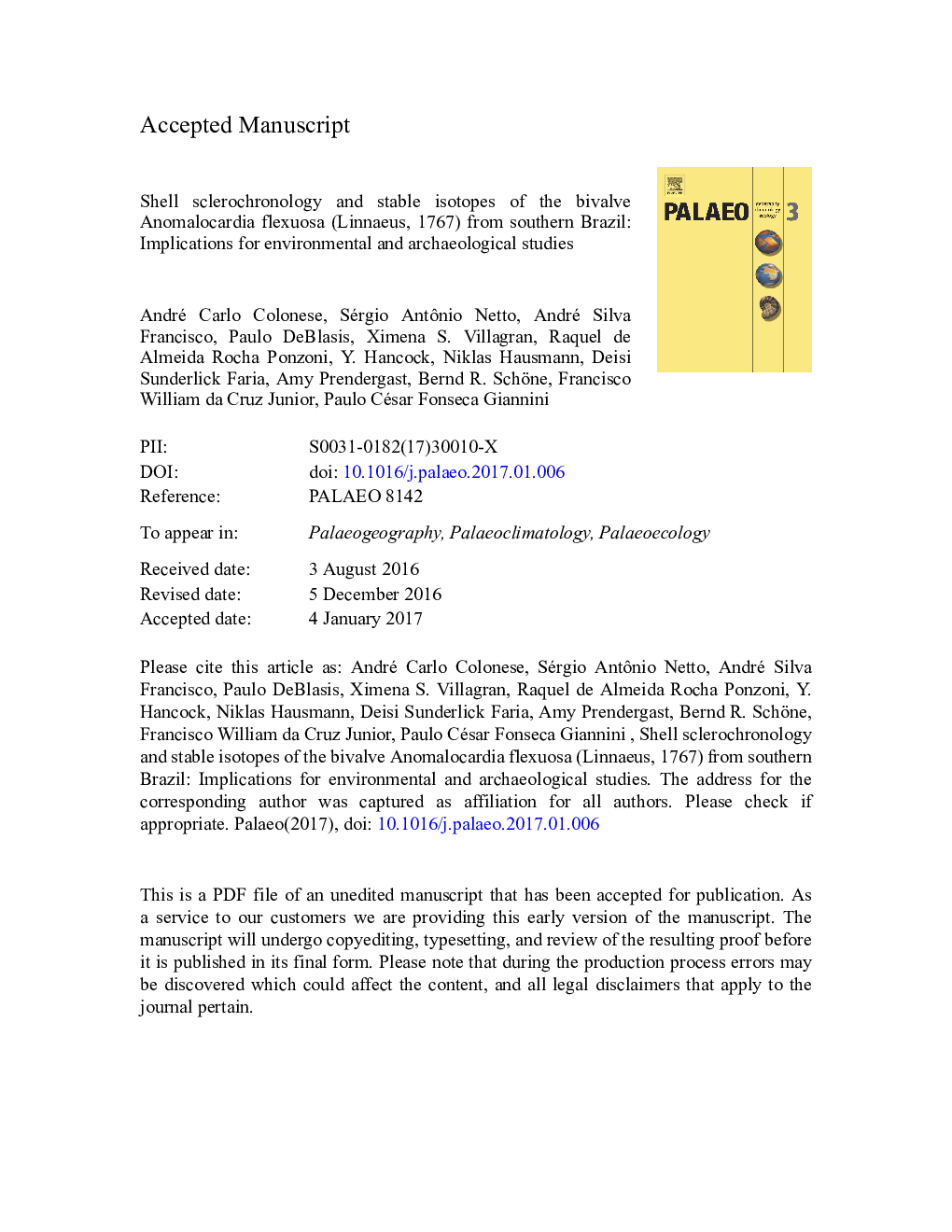 Shell sclerochronology and stable isotopes of the bivalve Anomalocardia flexuosa (Linnaeus, 1767) from southern Brazil: Implications for environmental and archaeological studies