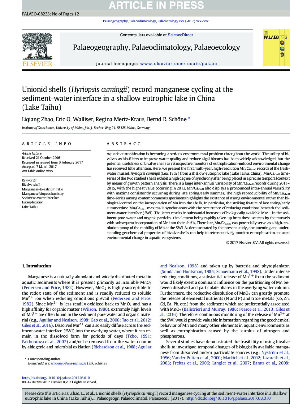 Unionid shells (Hyriopsis cumingii) record manganese cycling at the sediment-water interface in a shallow eutrophic lake in China (Lake Taihu)