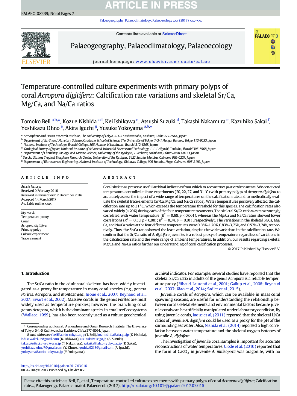 Temperature-controlled culture experiments with primary polyps of coral Acropora digitifera: Calcification rate variations and skeletal Sr/Ca, Mg/Ca, and Na/Ca ratios